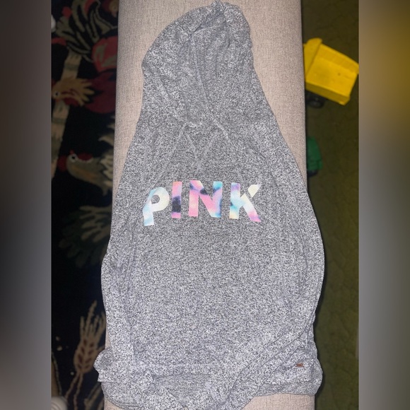PINK Victoria’s Secret Gray Marled Hoodie Pastel Logo Lightweight Sweatshirt S - Picture 2 of 5